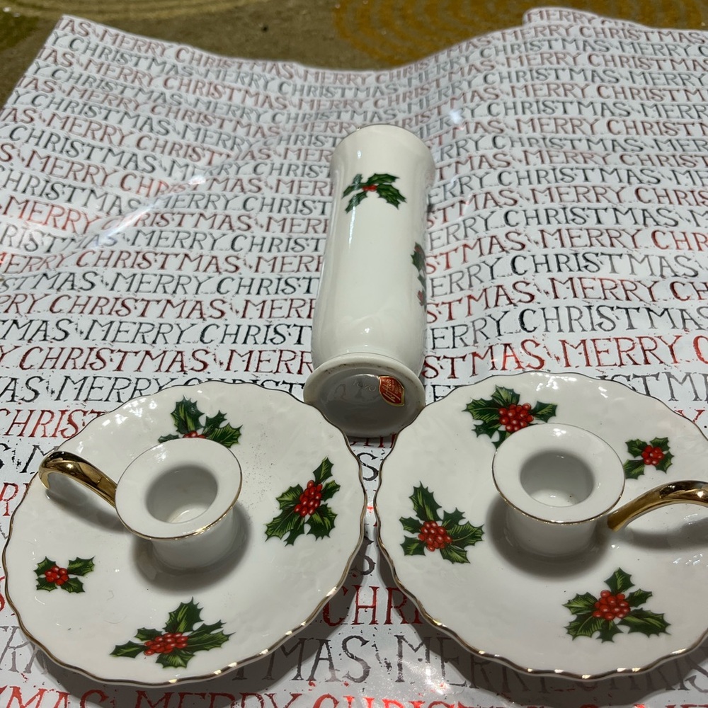 Festive  Lefton Holly Candle Holders Set